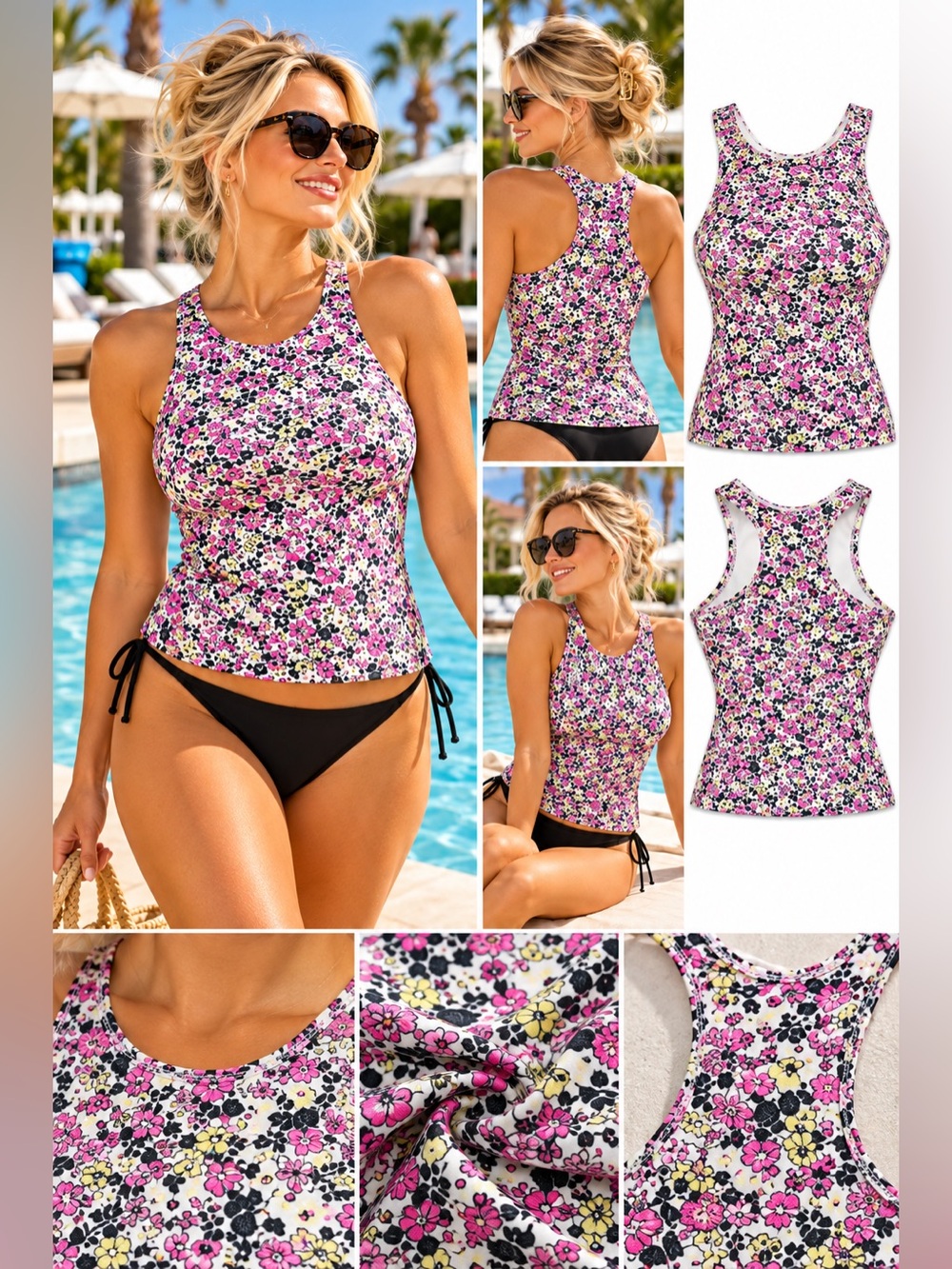 Lands' End Floral Women's High Neck Racerback Midkini Top